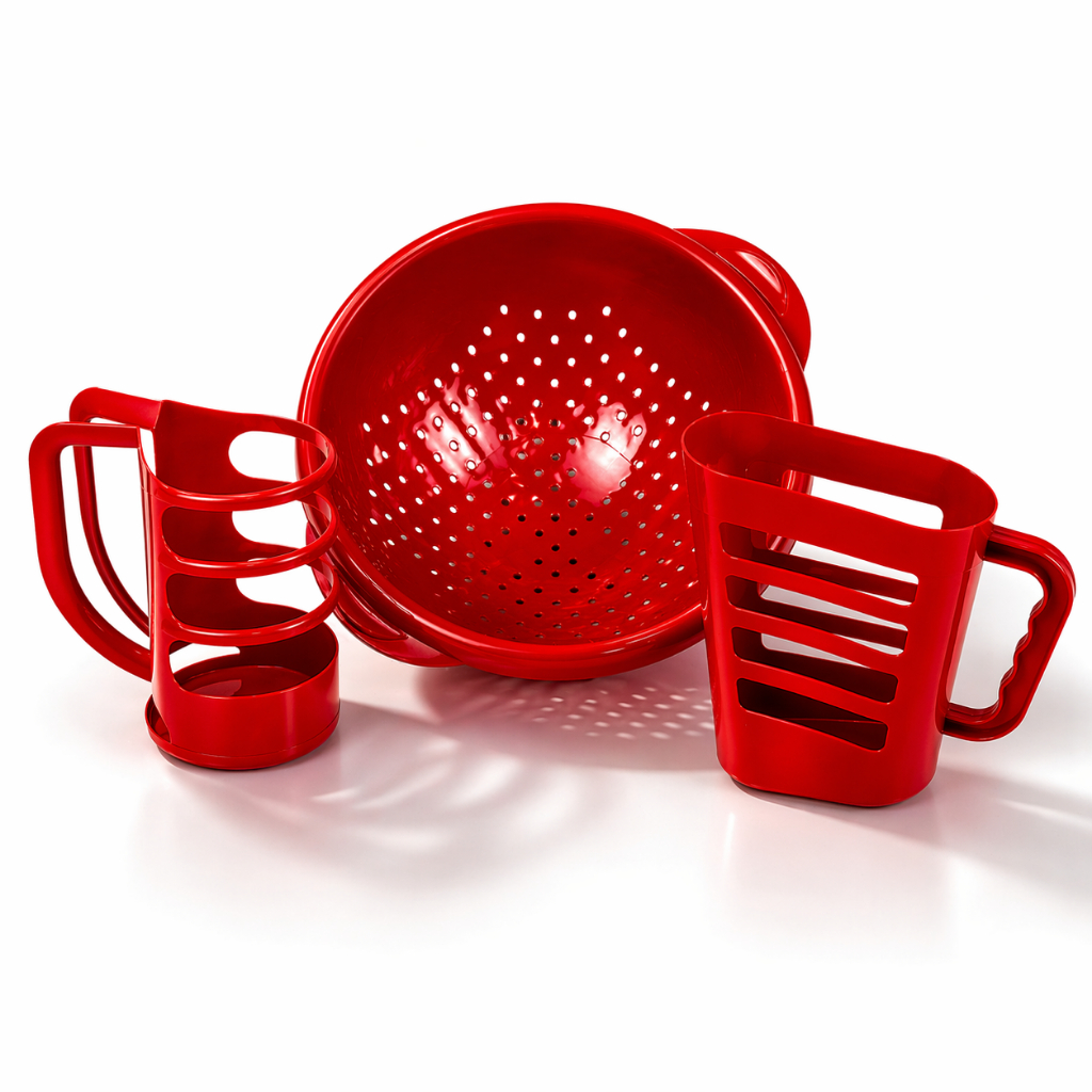 Kit Utilidades Cozinha Vermelho 3 Peças Escorredor Porta Óleo Porta Leite