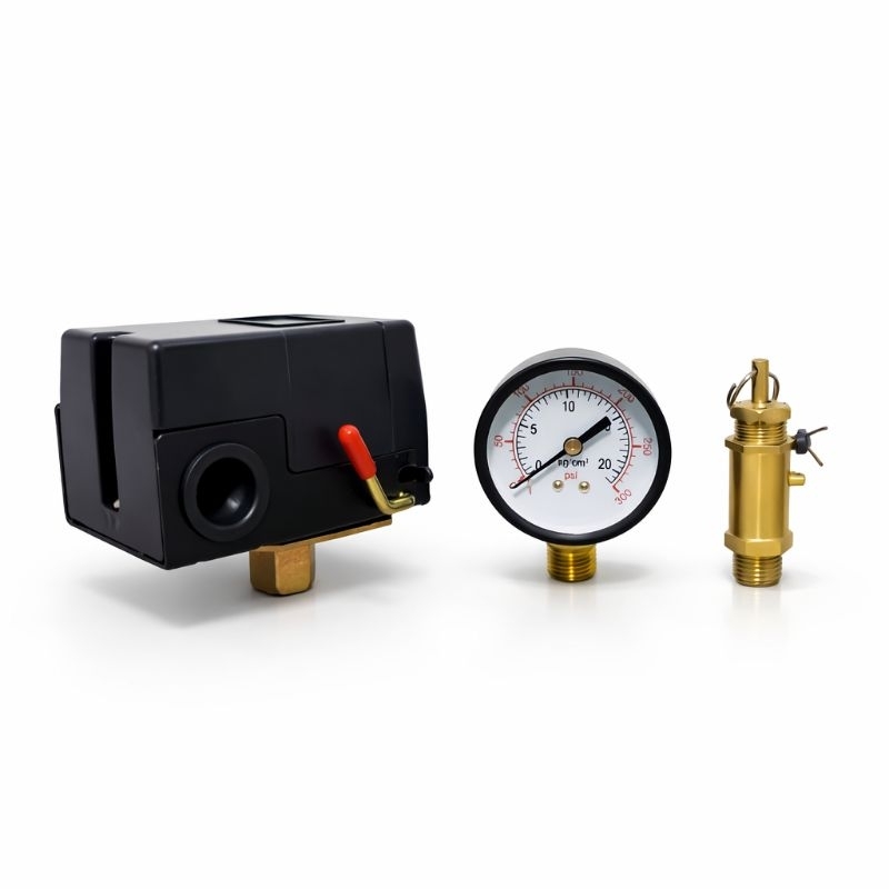 Pressostato Para Compressor (125/175Psi) Manômetro - Válvula de Segurança Alta Pressão Kit 3 Peças Universal Compressor