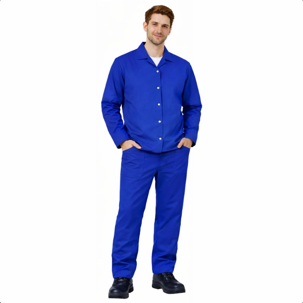 Conjunto Camisa E Calça Brim Azul Uniforme Jaleco Trabalho Pesado Pedreiro Mecanico Masculino