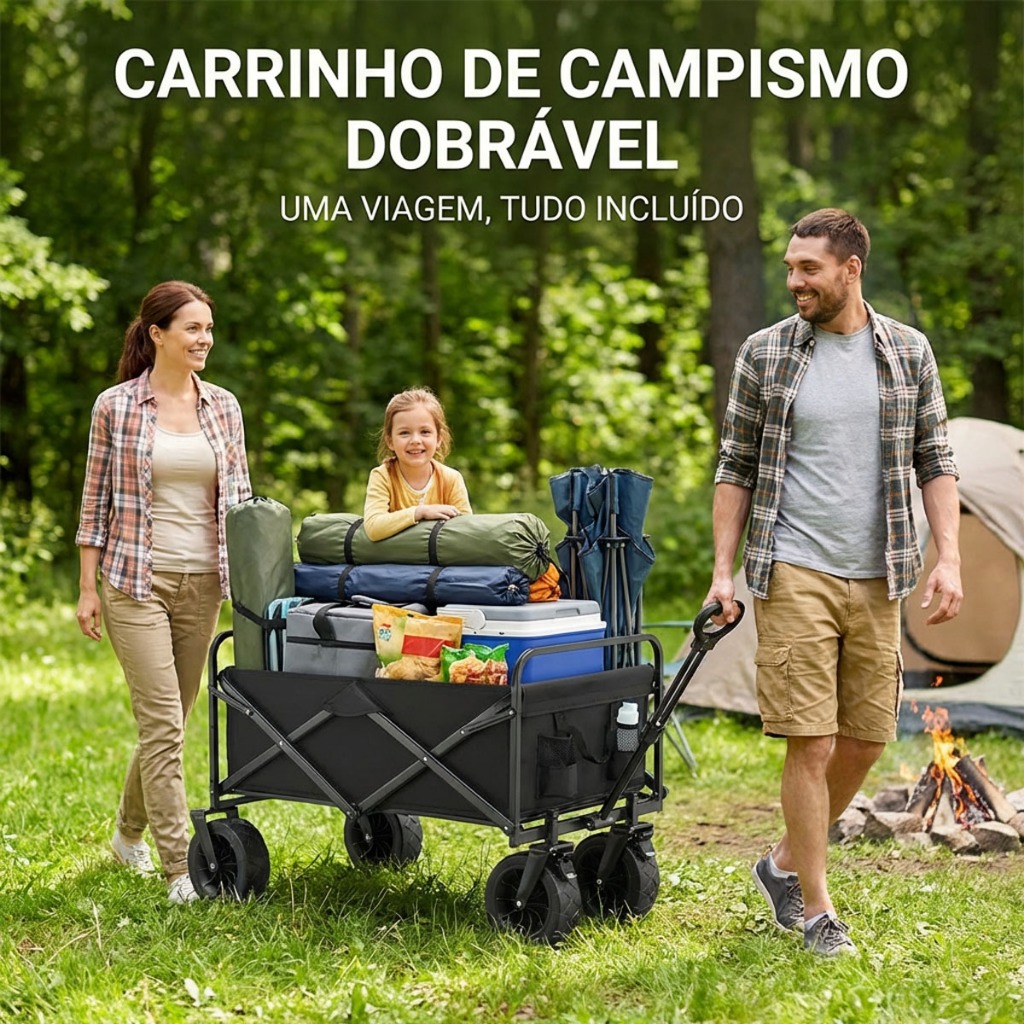 Carro de Campismo Dobrável com Rodas Off-Road, Carrinho de Mão Portátil para Acampamento, Praia, Compras e Pesca