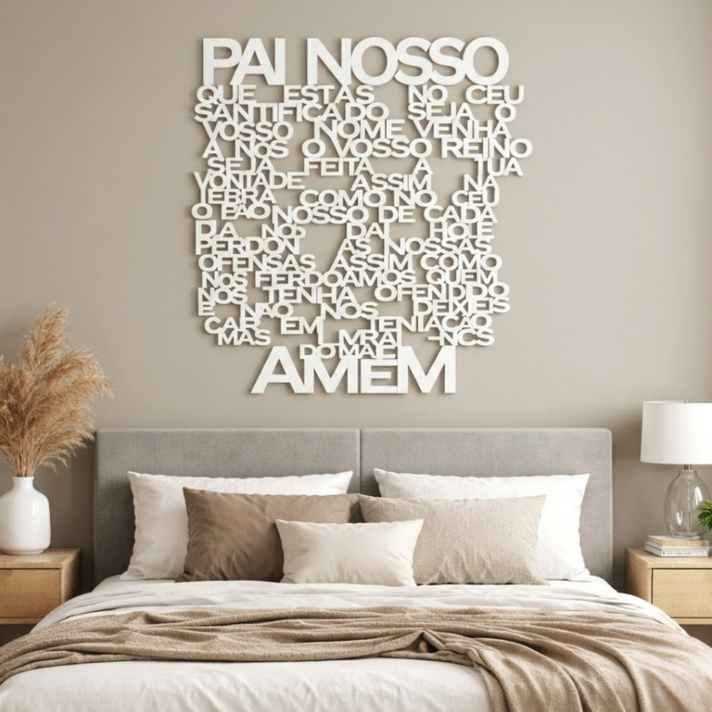 Quadro Decorativo Oração Pai Nosso Painél em Relevo MDF 3mm Branco Laka Vazado