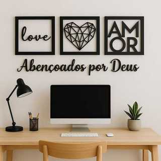 Kit 3 Quadros Love Coração Geométrico Amor + Frase Abençoados por Deus Decorativo Cabeceira Mdf