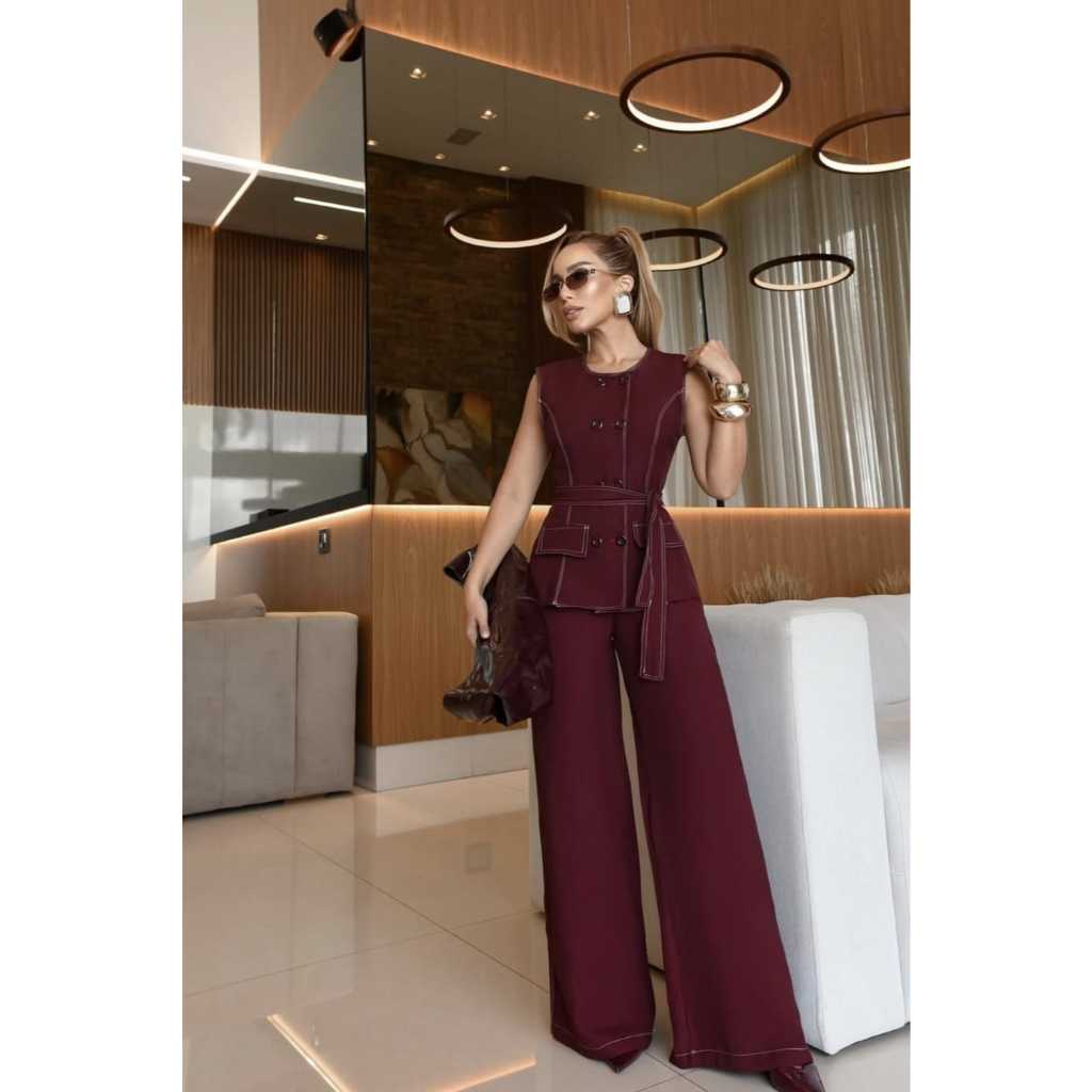 Conjunto Feminino Sensorial Marrante – Calça Pantalona + Blusa Colete com Botões