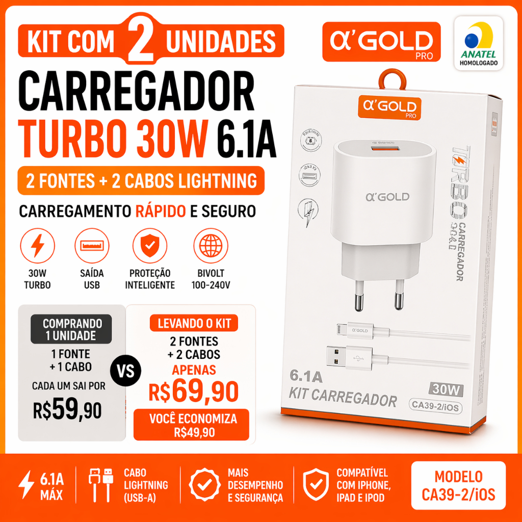 Kit 2 Carregadores USB 30W 6.1A Turbo + 2 Cabos Lightning iPhone | Fonte Turbo Bivolt CA39-2 iOS