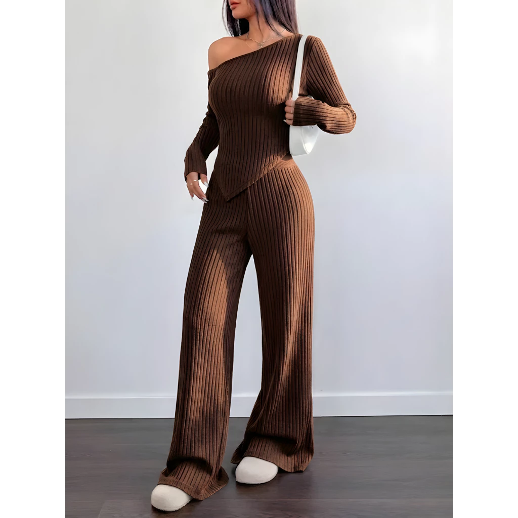 Conjunto Mila Feminino Blusa Assimétrica Manga Comprida  + Calça Pantalona Malha Ribana Moda Inverno
