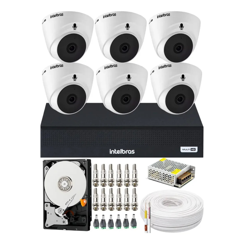 Kit 6 Câmeras Intelbras Dome C/ Áudio Dvr 8 Canais Completo