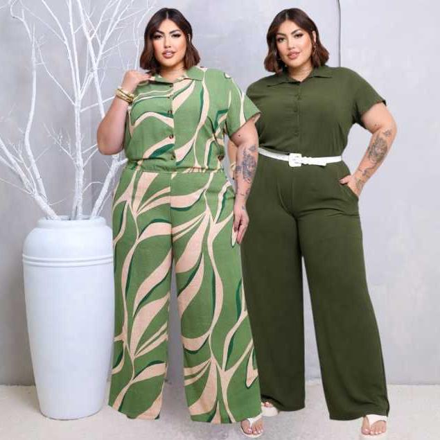 Macacão plus size feminino longo com  manga curta tecido leve estampado e liso look moderno casual elegante do g1ate g4