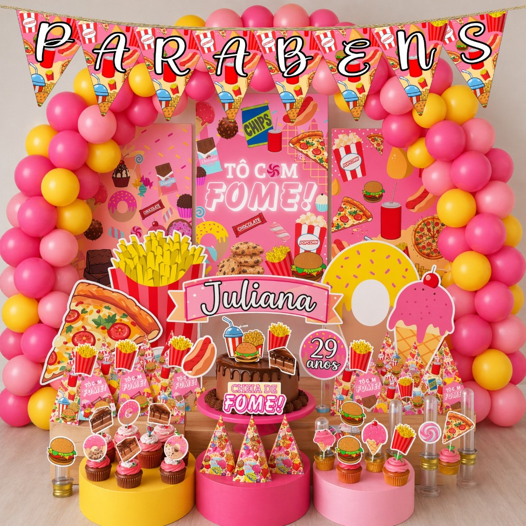 Kit Festa Aniversário Personalizado Tô com Fome Fast Food Comida 78 itens - Decoração Lembrancinhas