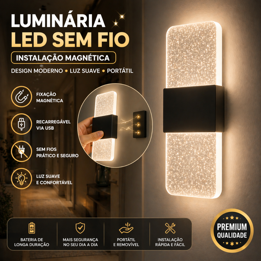 Luminária Parede Sem Fio LED Magnética Sensor Presença Recarregável USB Luz Quente Fria Arandela