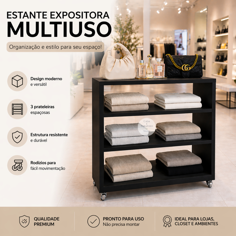 Estante Organizadora com Rodas 3 Prateleiras – Expositor Moderno para Roupas e Acessórios 86