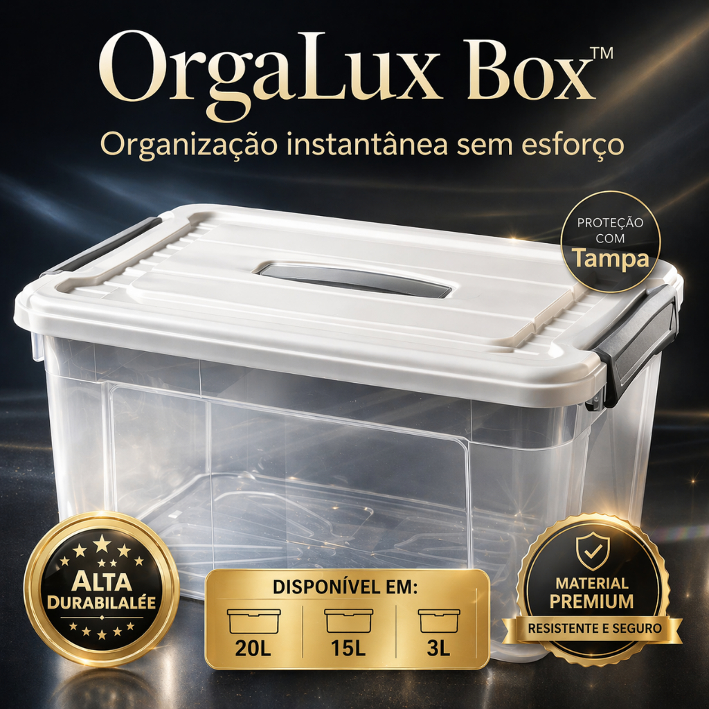 Cesto Organizador 20L com Tampa OrgaLux Box™ Grande Multiuso Resistente Branco Casa Escritório