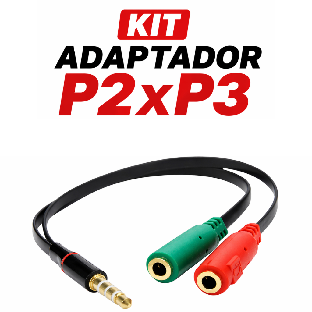 Kit Adaptador P2 X P3 Cabo Headset Fone Microfone Áudio Universal