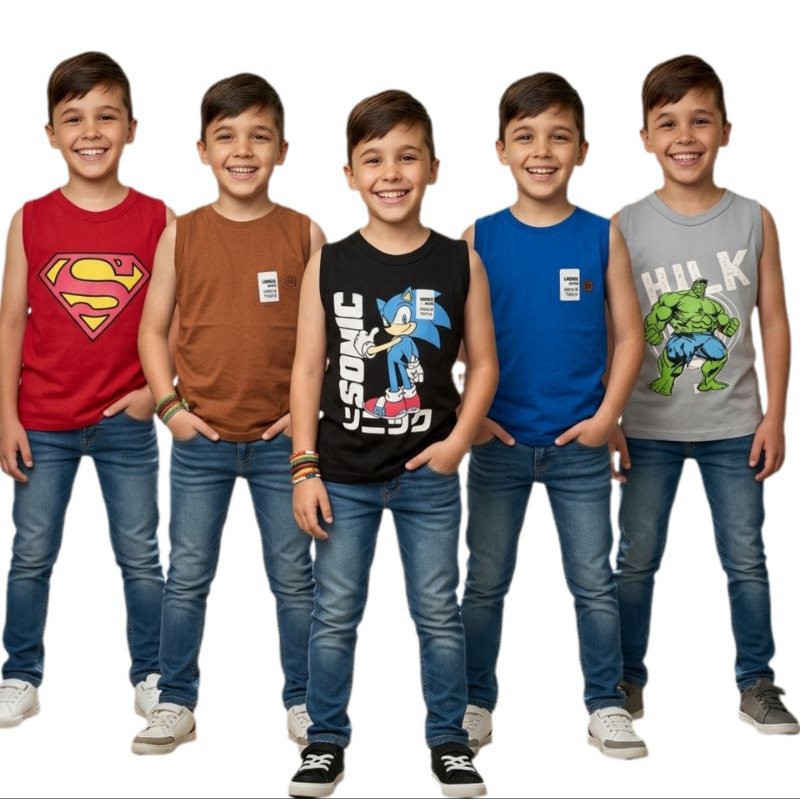 kit 5 Camisetas Regata Infantil 2/4/6/8/10/12 Anos Menino Personagem/ lisa em Algodão Confortável