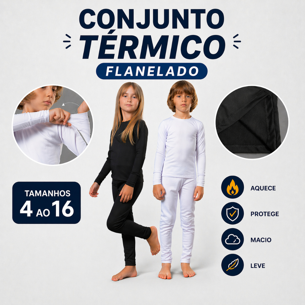 Conjunto térmico peluciado infantil unissex flanelado quentinho pijama térmico 4 ao 16