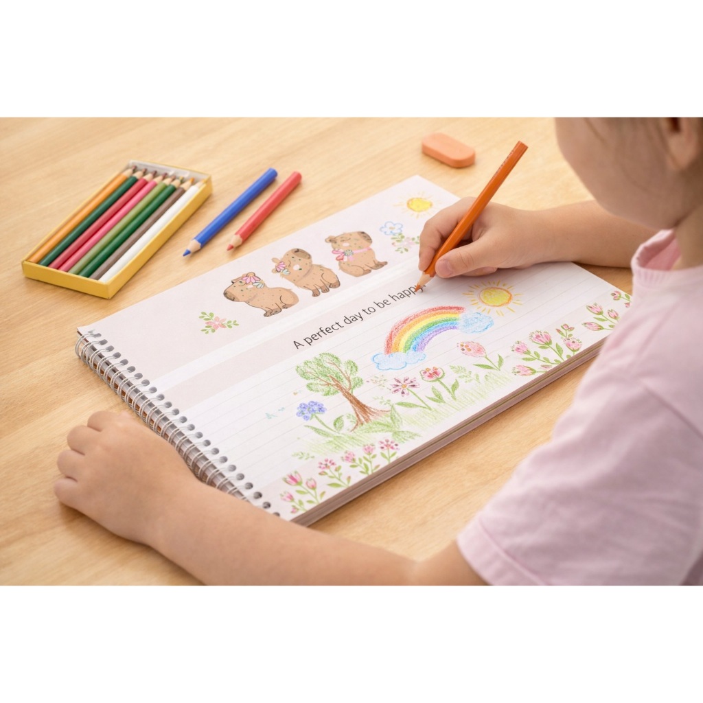 Caderno de Cartografia e Desenho Capivaras infantil escrita encadernação espiral 60 folhas