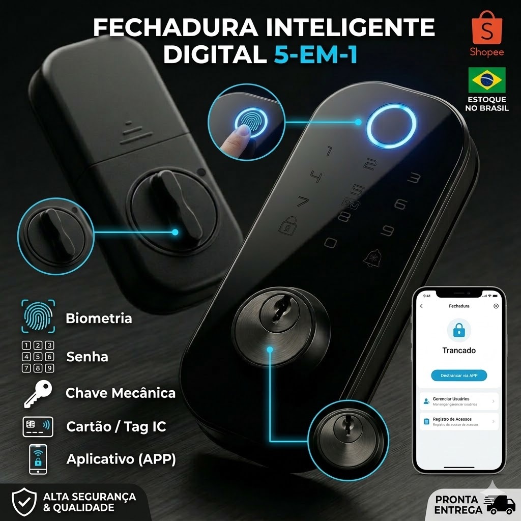 Fechadura Digital Smart 5 em 1 – Biometria, App Tuya/Aitek, Senha, Tag e Chave (ALPHA-231)
