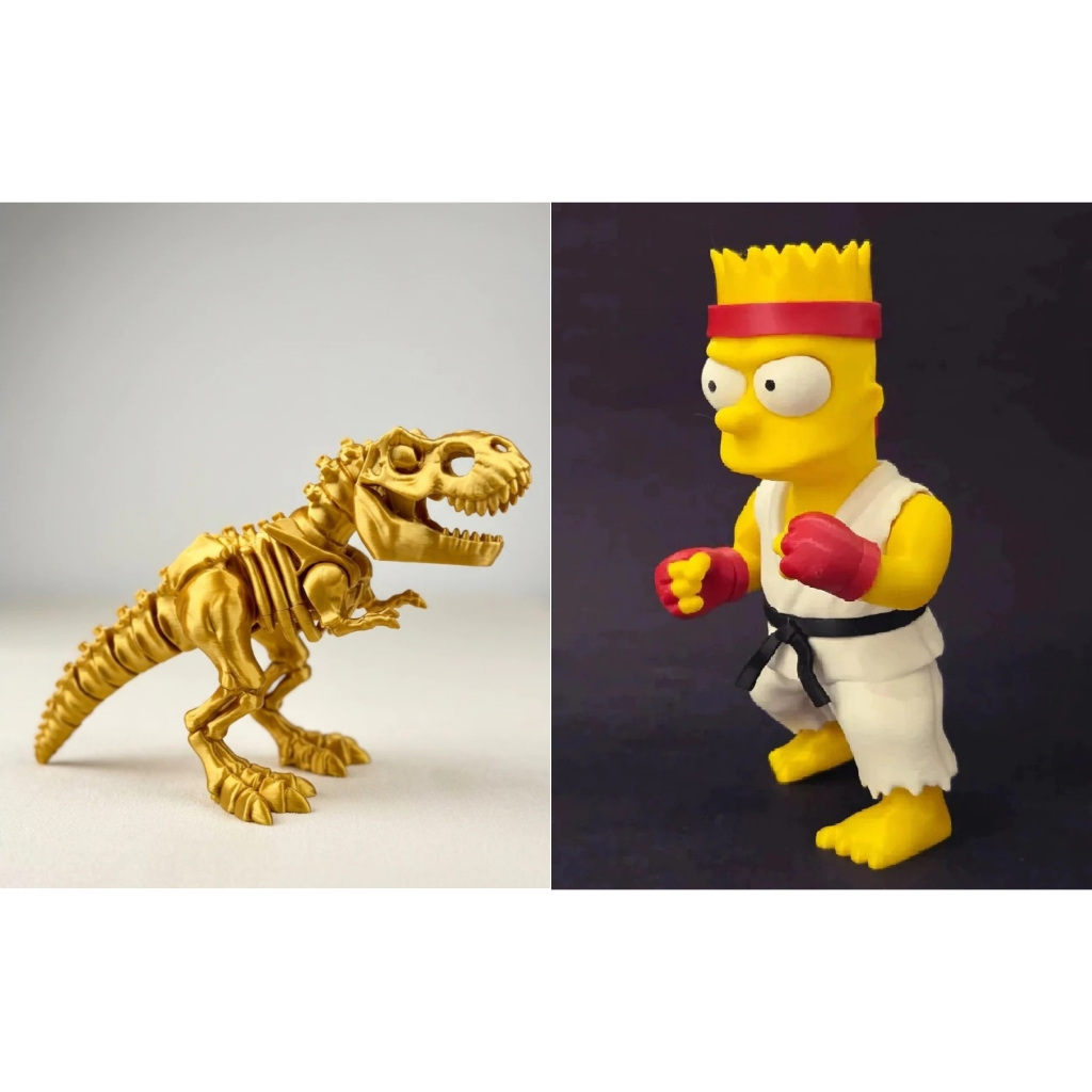 T-rex Articulado Dourado + Boneco Bart Simpson Street Fighter Decorativo