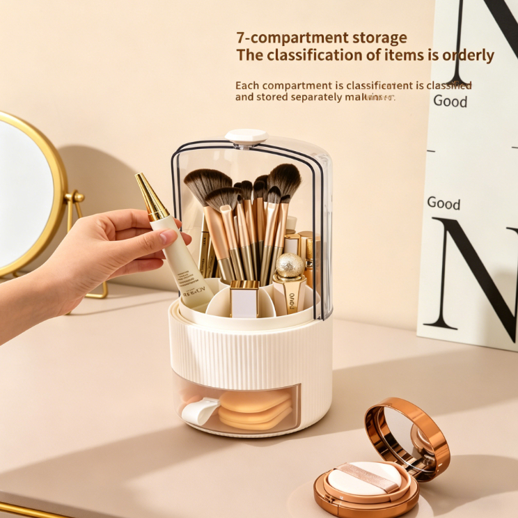Organizador de Mesa Rotativo para Pincéis Maquiagem Caixa Armazenamento Cosméticos Giratório à Prova de Poeira