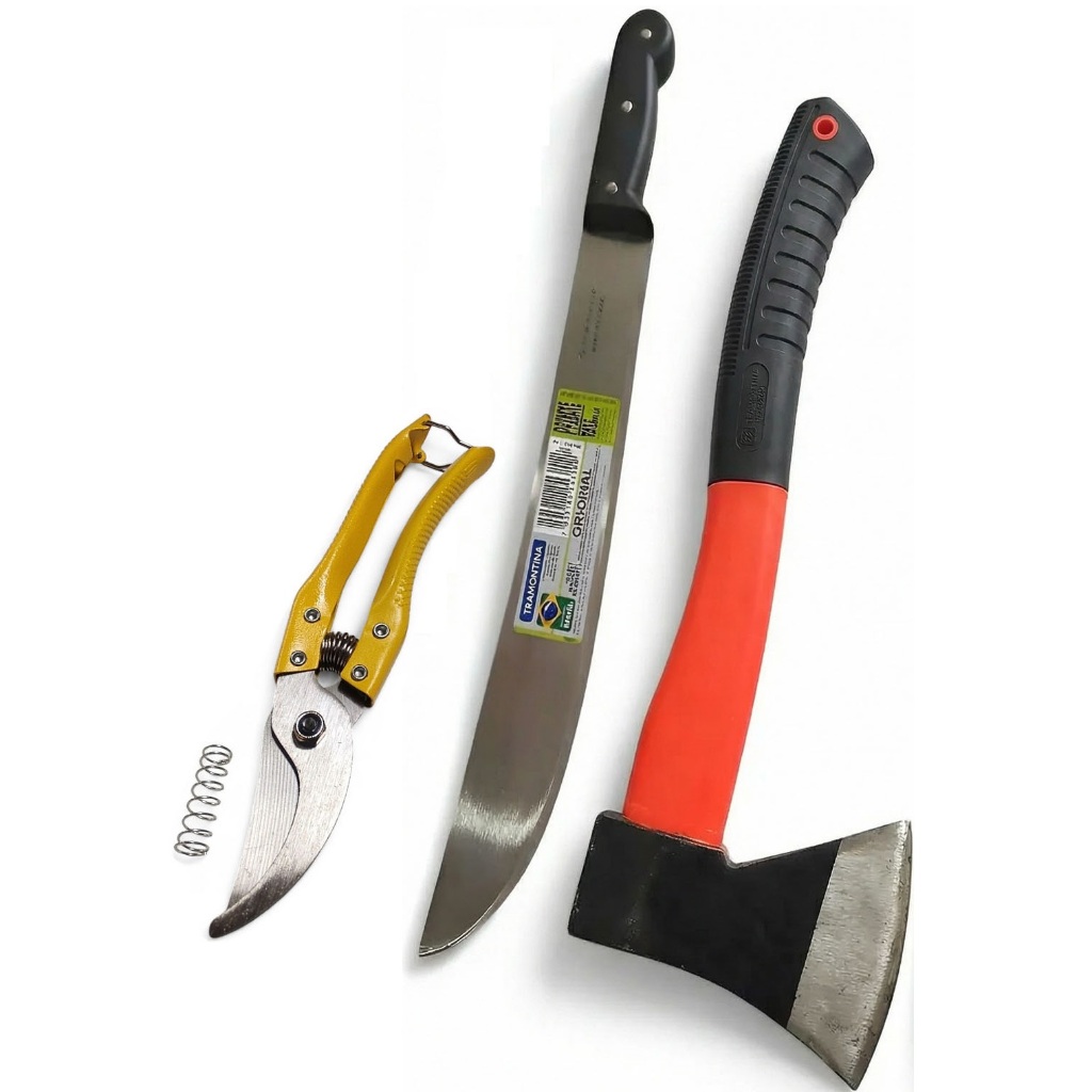 Kit jardinagem mato galho facão Tramontina 12" polegadas + machado / machadinha + tesoura para poda