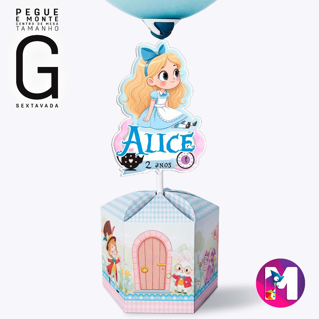Centro de Mesa ALICE CUTE - Caixa Sextavada - Tamanho G - Personalizada