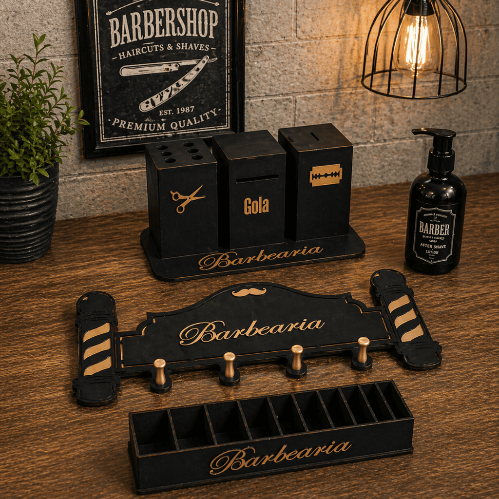 Kit Barbearia MDF Descarte Lâminas Porta Tesoura Gola Cabideiro Bigode Barbeiro