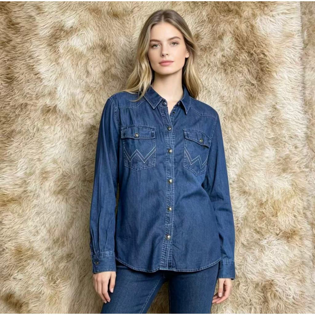 Camisa Jeans Lisa Femenina Manga Longa Moda Femenina 2169
