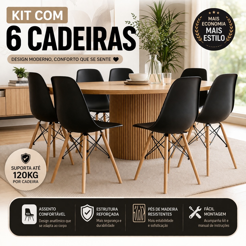 Kit 6 Cadeiras Eiffel Eames Sala Escritório Quarto Escritorio Escrivaninha