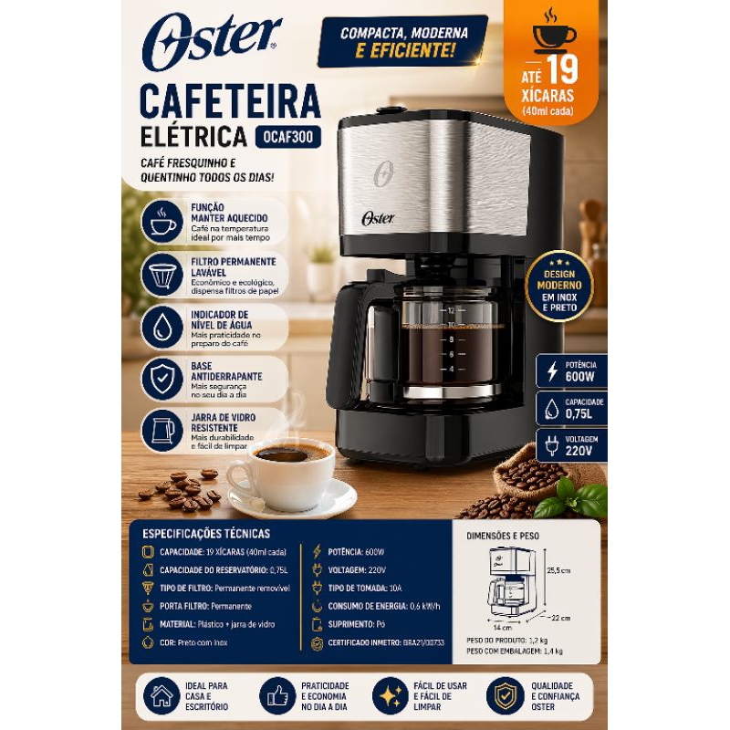Cafeteira Elétrica Oster OCAF300 Compacta 19 Xícaras 0,75L Inox 600W Filtro Permanente