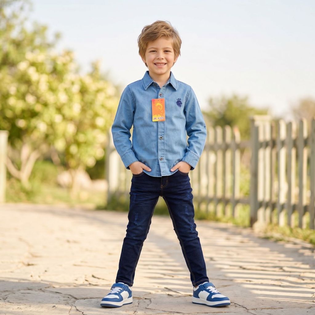 Kit Infantil Masculino Camisa Jeans Manga Longa + Calça Sarja Lycra Premium 4 ao 16