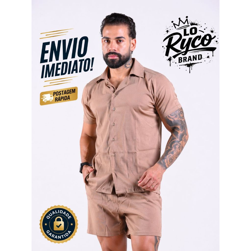 Conjunto Masculinho Mauricinho Casual em Viscolinho com Elastano Premium Camisa de Botão e Short com Codão Ajustavel