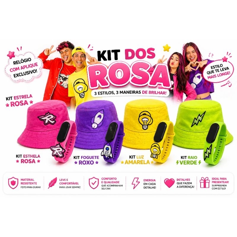 Kit Os Rosa Bucket Infantil + Relógio Digital à Prova D’Água Emily Vick, Leozin, Void,  Ketlyn