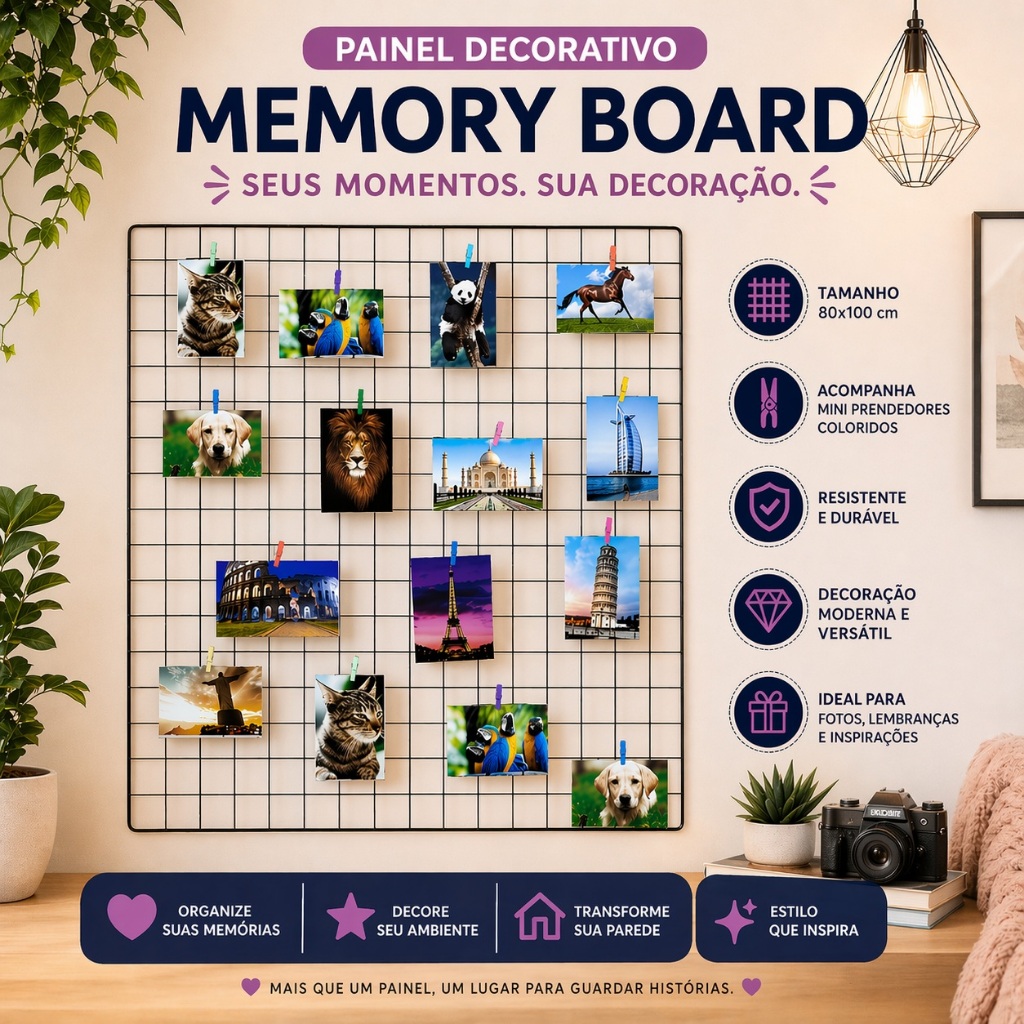 Memory Board Painel De Foto 80x100cm 20 Mini Prendedores Quadro Recados Tela Aramada Mural De Recado