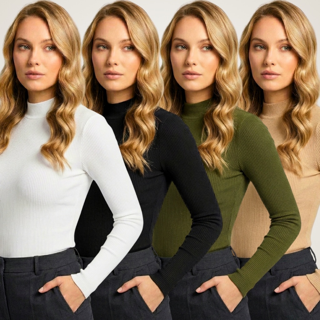Kit 4 Blusas Femininas Manga Longa Gola Alta Canelada Básica Ajustada Inverno Confortável