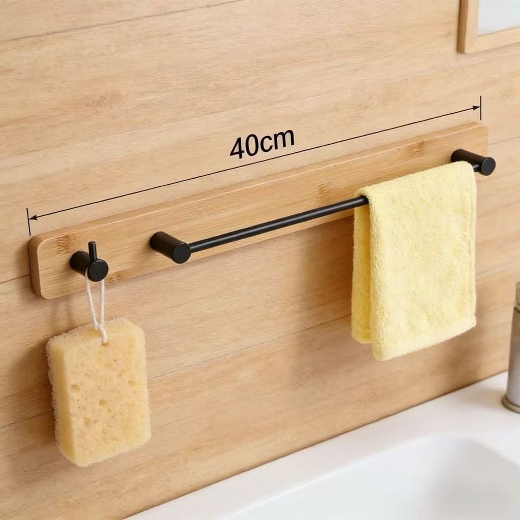 Porta Toalha 40cm Bambu e Metal Gancho Adesivo Sem Furar Para Banheiro Anti-Ferrugem