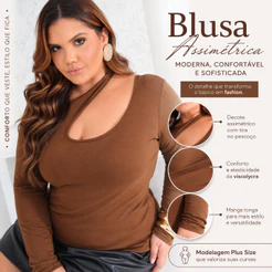 Blusa Feminina Manga Longa Cut Out Plus Size Estilosa Chocker Decote Assimétrico Veste do 44 ao 52