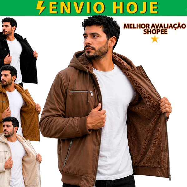 Jaqueta Masculina Sarja Com Capuz Forrada Peluciada Frio Top Preta Marrom Bege Verde