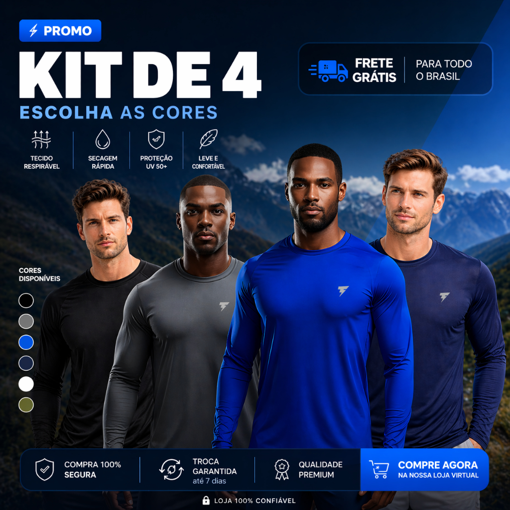 Kit com 4 Camiseta Uv Segunda Pele Proteção Solar Fator 50+ CORES VARIADAS