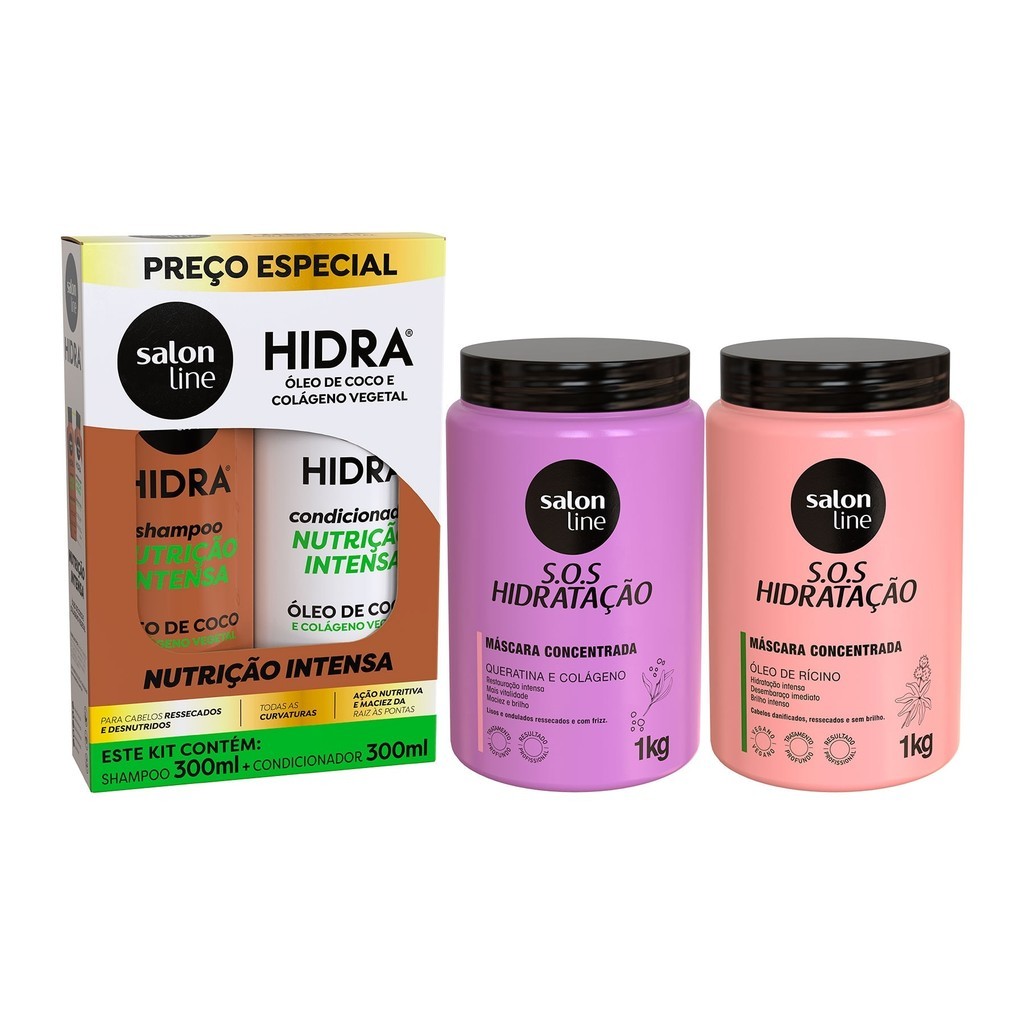 Kit com 2 Máscaras SOS Hidratação + Shampoo e Condicionador Hidra Coco Salon Line