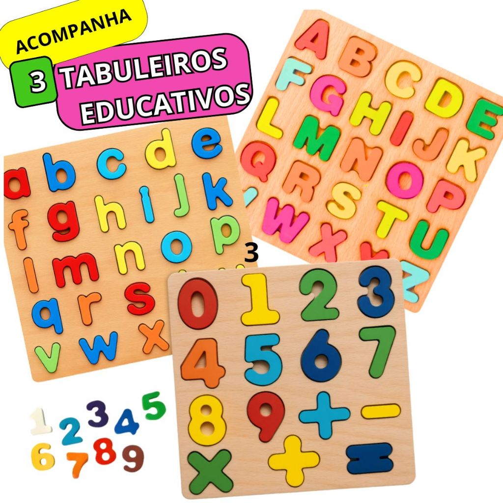 Kit 3 Brinquedos Madeira Montessori Alfabetização Números Letras Formas Encaixe Pedagógico
