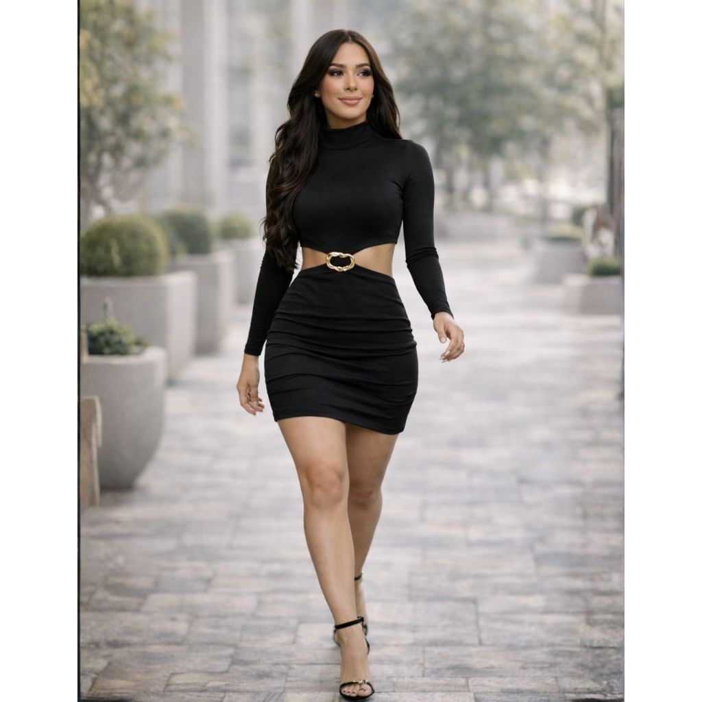 Vestido Curto com Recorte Lateral com Fivela Dourada Manga Longa Justo Gringa Blogueira P ao G1