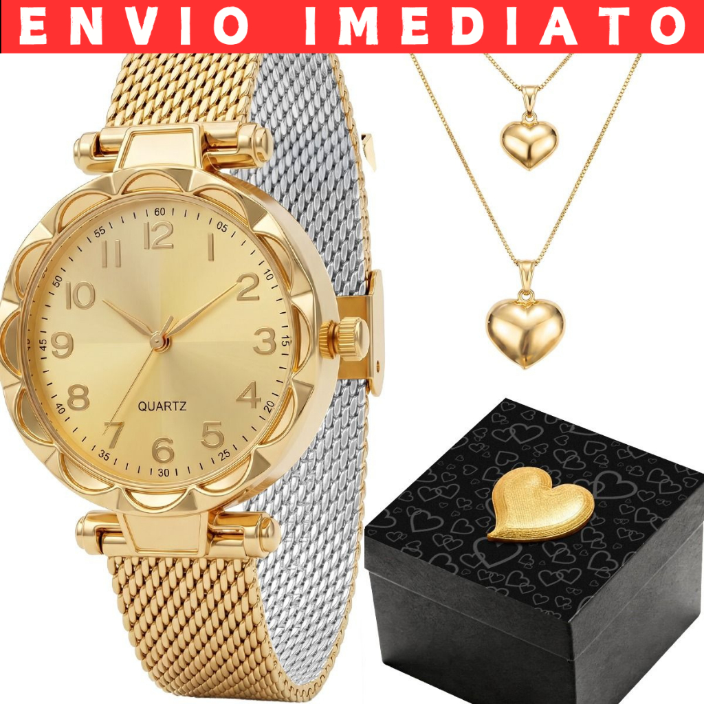 Kit Relógio Feminino Banhado Ouro + Colar Coração Banhados Ouro + Caixa Edição Limitada Premium Luxo