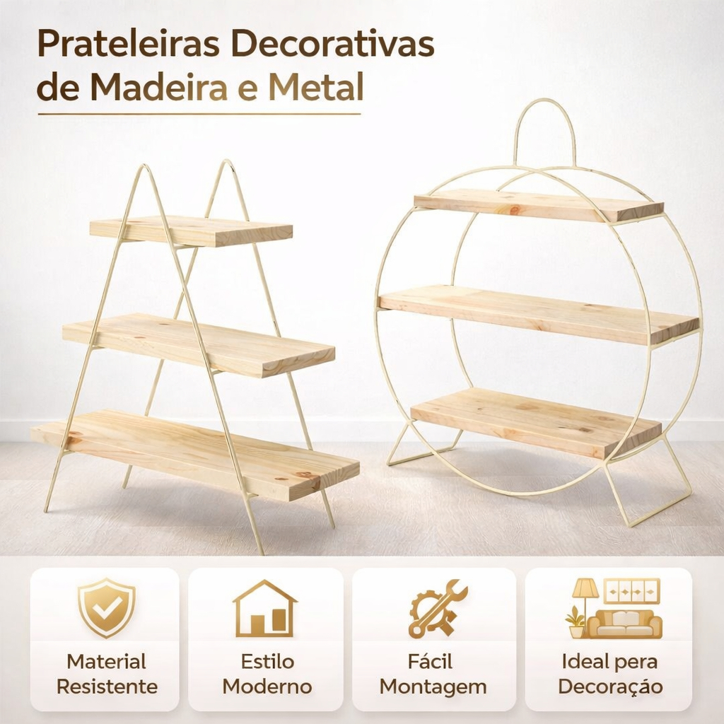 Kit Doceira Luxo Redonda + Escadinha 3 Andares 🏆 Decoração Festa Premium Madeira + Metal | Porta Doces Elegante