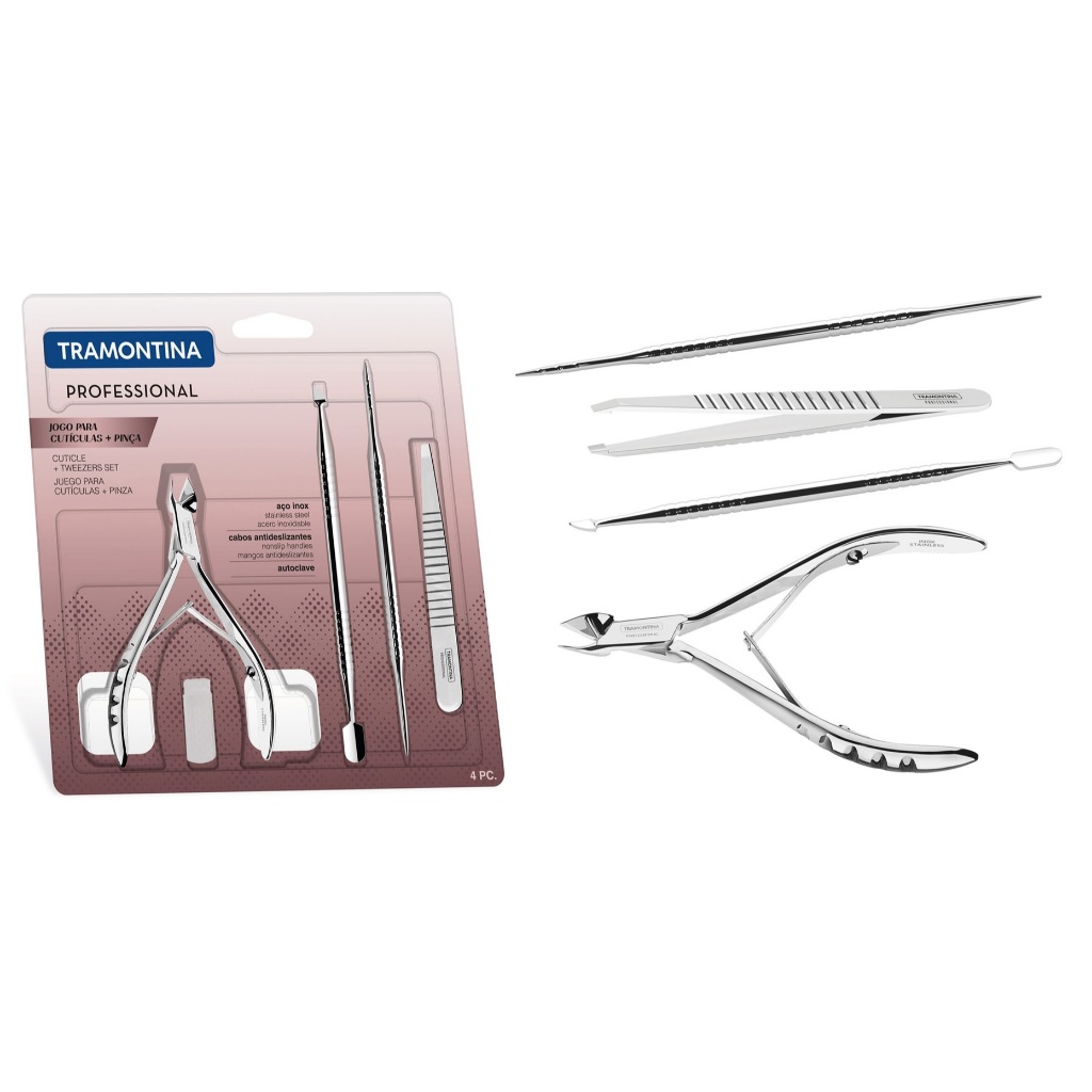 Kit Cutículas Tramontina Alicate E Pinças 4 Peças Profissional Em Aço Inox Jogo Completo