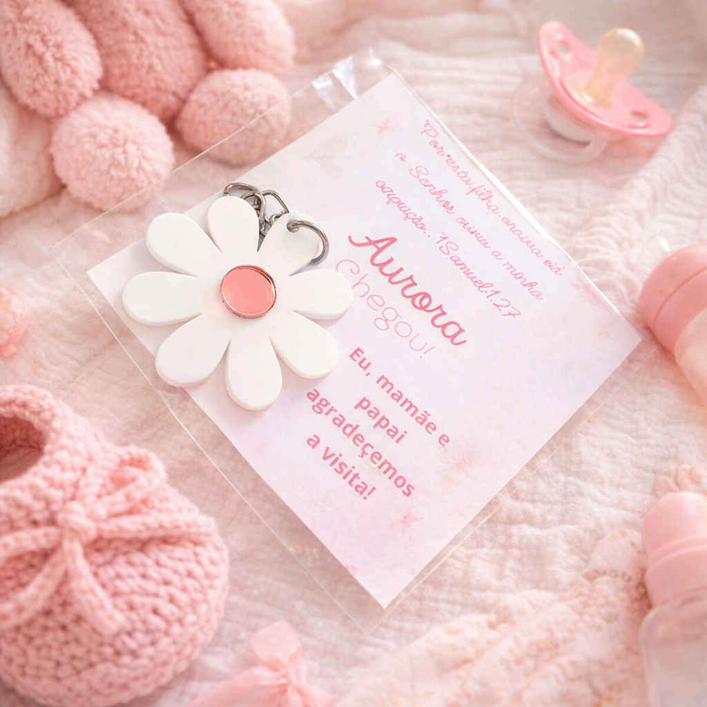 Chaveiro Lembrancinha Maternidade/Aniversário/Batizado Flor com Cartão Personalizado em Acrílico