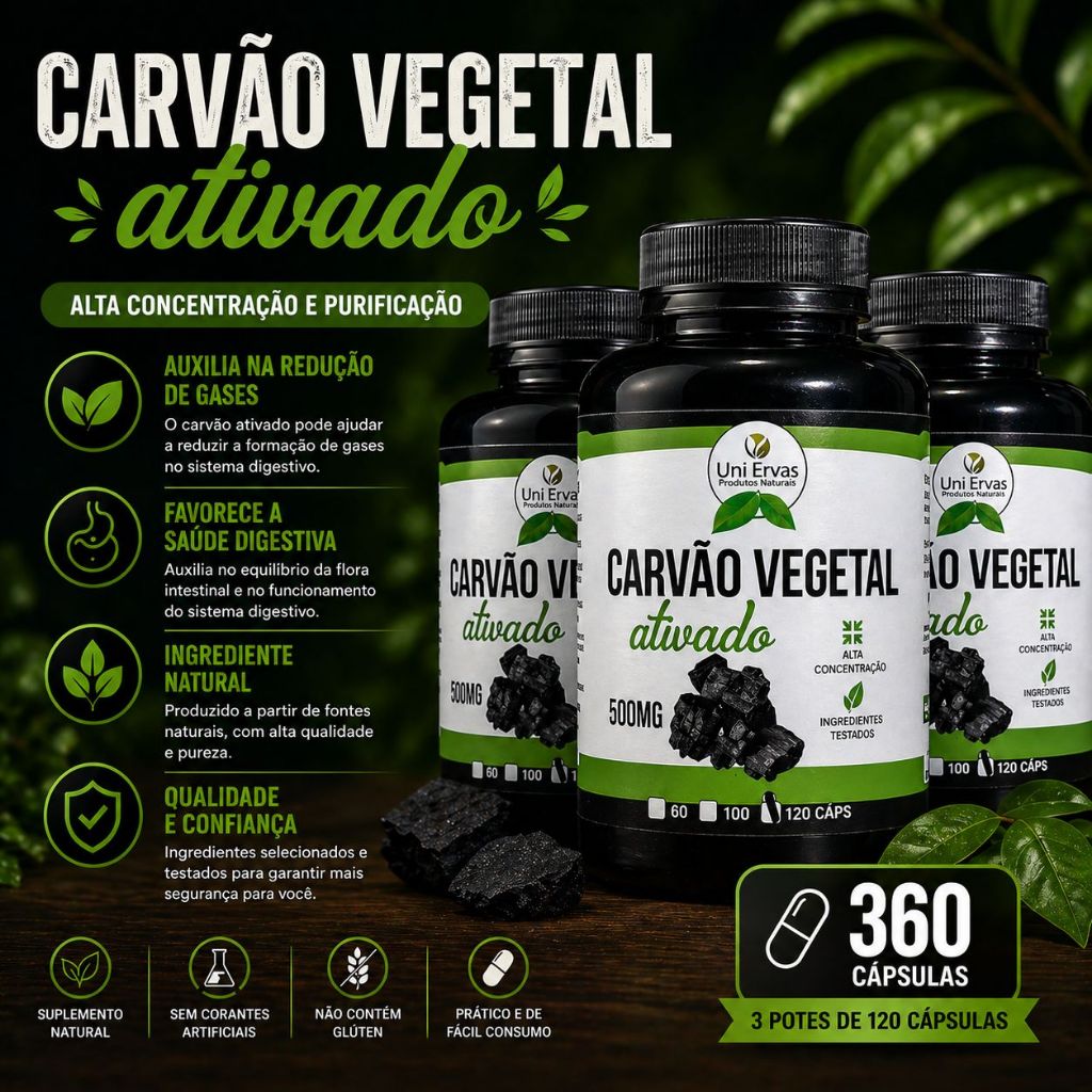 Carvão Ativado Em Cápsulas - 120 Cápsulas de 500Mg