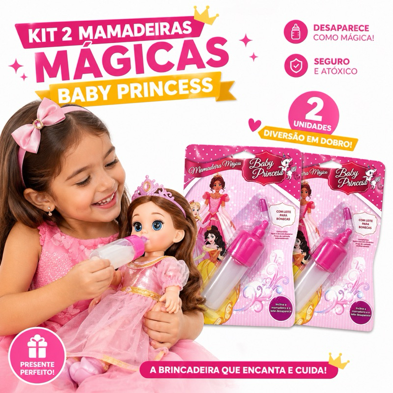 Mamadeira Mágica Baby Princess Kit 2 Unidades Para Boneca Infantil