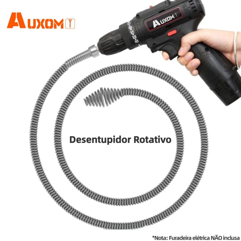 AUXOM Desentupidor Rotativo + Adaptador p/ Furadeira - Remove Entupimento em Canos de Esgoto