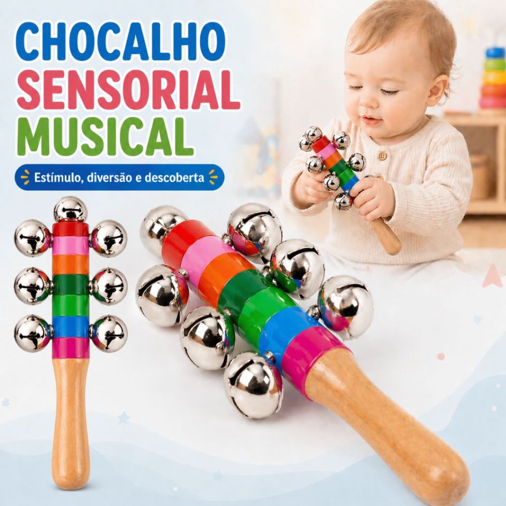 Brinquedo Sensorial Musical Montessori Para Criança Bebê Chocalho com Guizo Estímulo Sonoro Coordenação