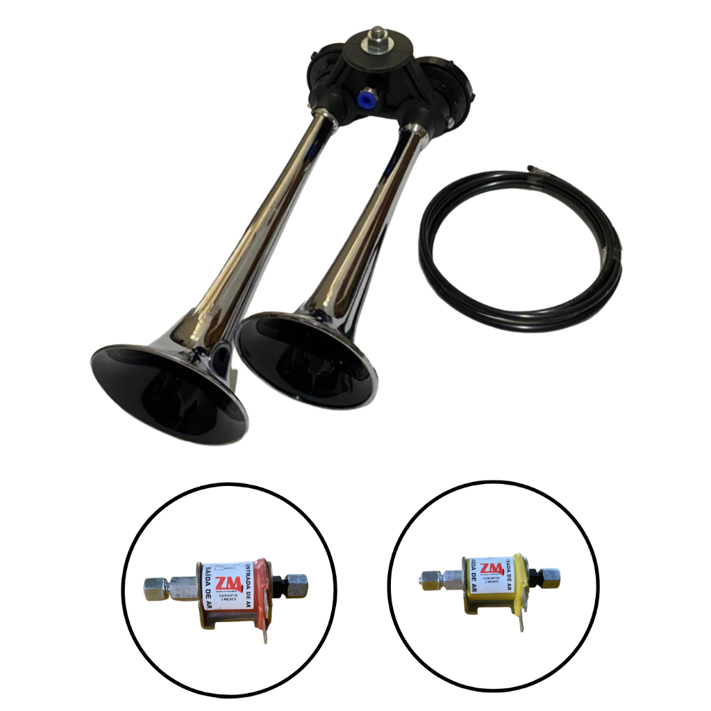 BUZINA A AR 2 CORNETAS CROMADA COM VÁLVULA SOLENOIDE 12V OU 24V. PARA CAMINHÃO,ONIBUS A AR