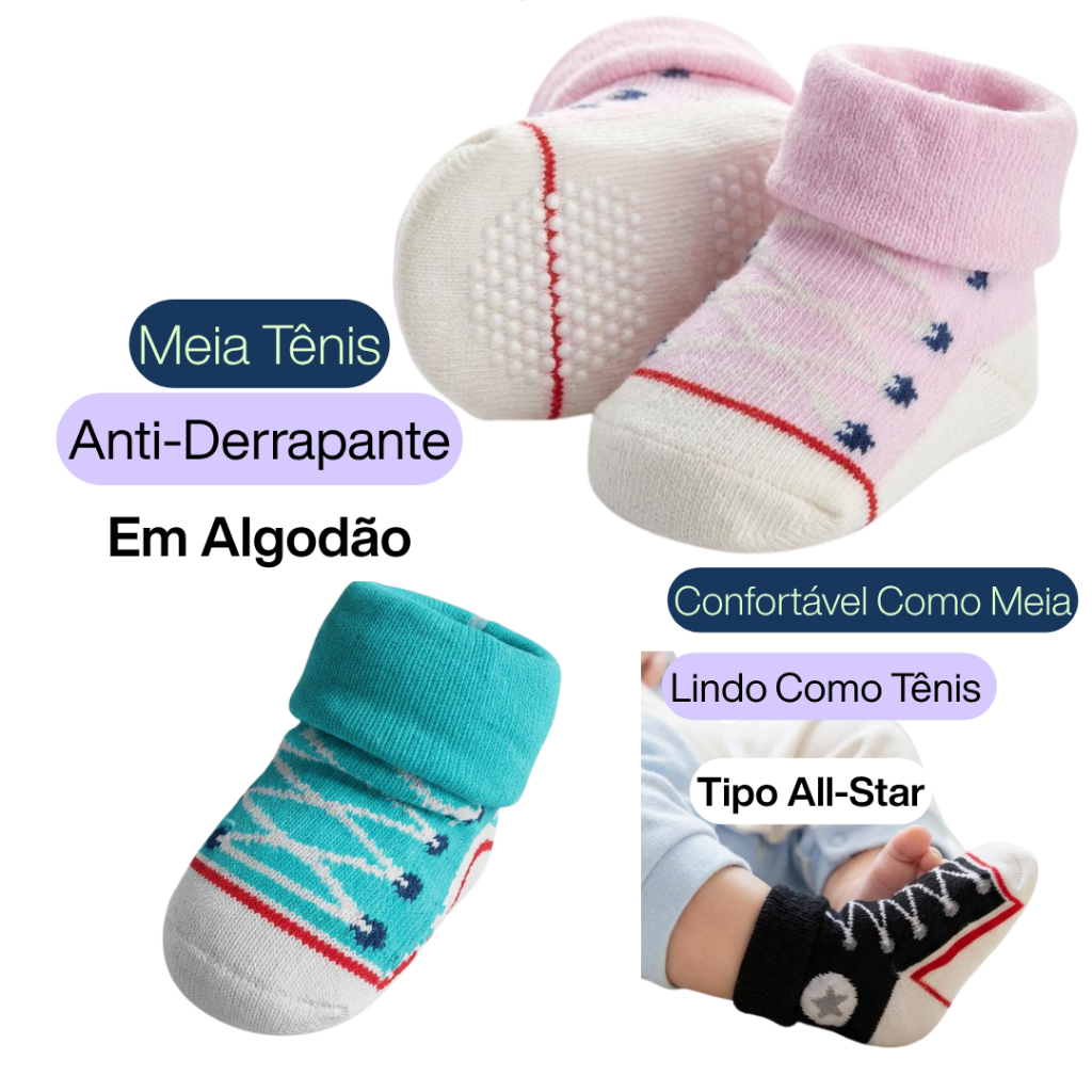 2 Meias tipo tênis Star baby algodão cano médio Linda e Conforável 03 a 12 meses